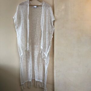 Fishnet Open Knit Fringe Coverup Shawl Poncho Tunic Cape Top Cream Italian Beach